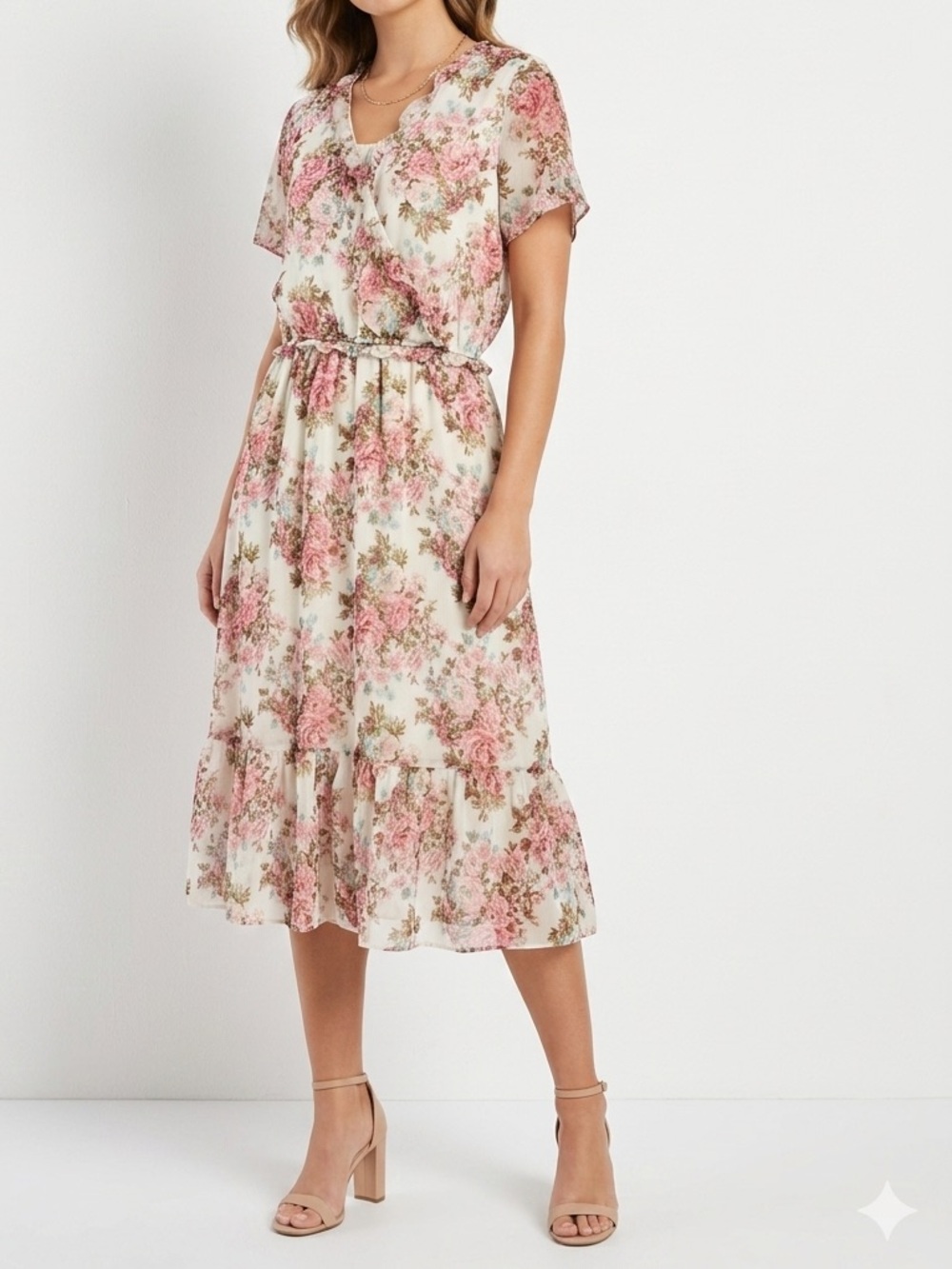LC Lauren Conrad Cream Floral Midi Dress with Pink Roses
